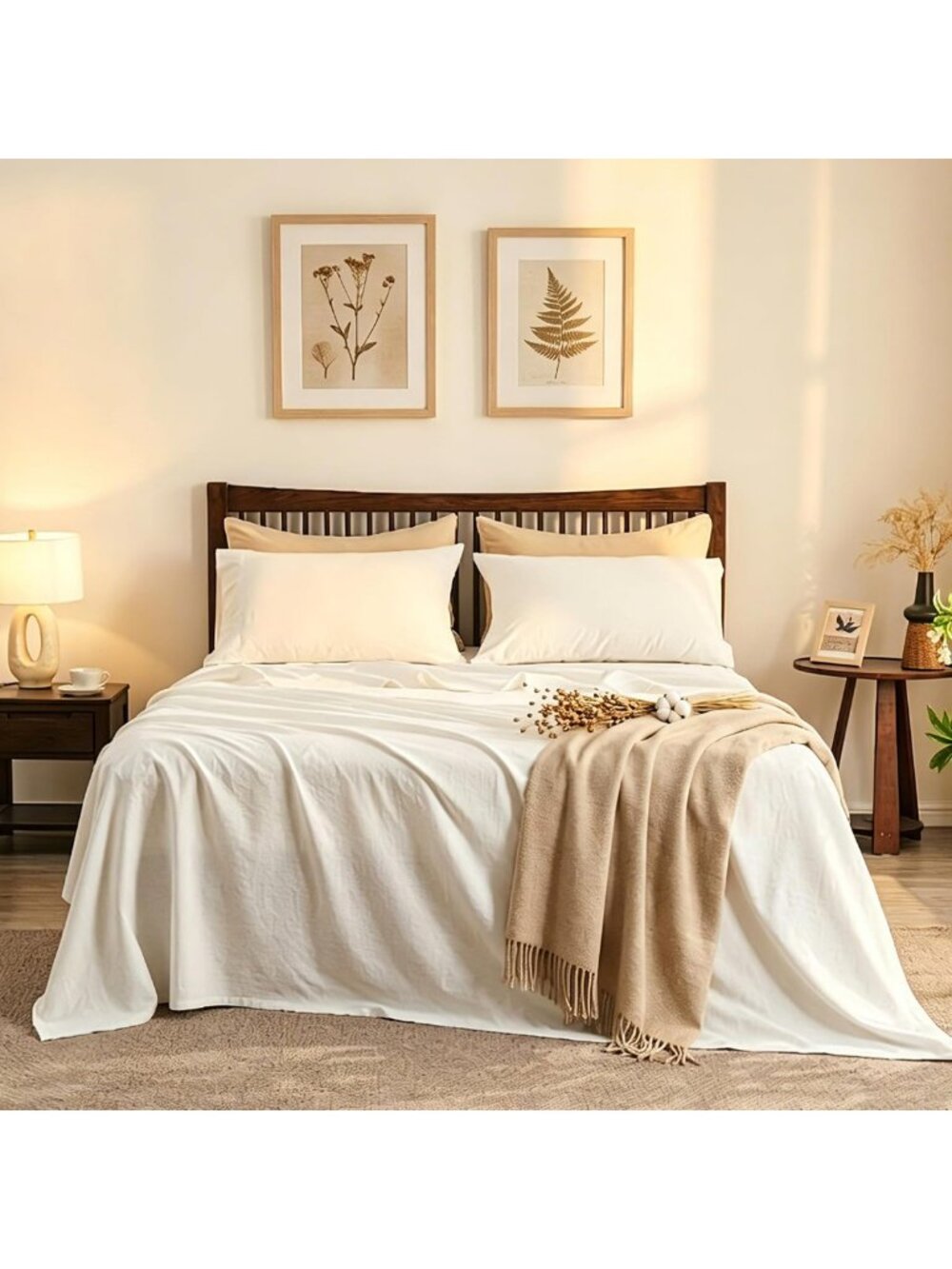 Queen Size Belgian Linen Sheet Set - 4 Pieces, Soft Breathable Farmhouse Bedding